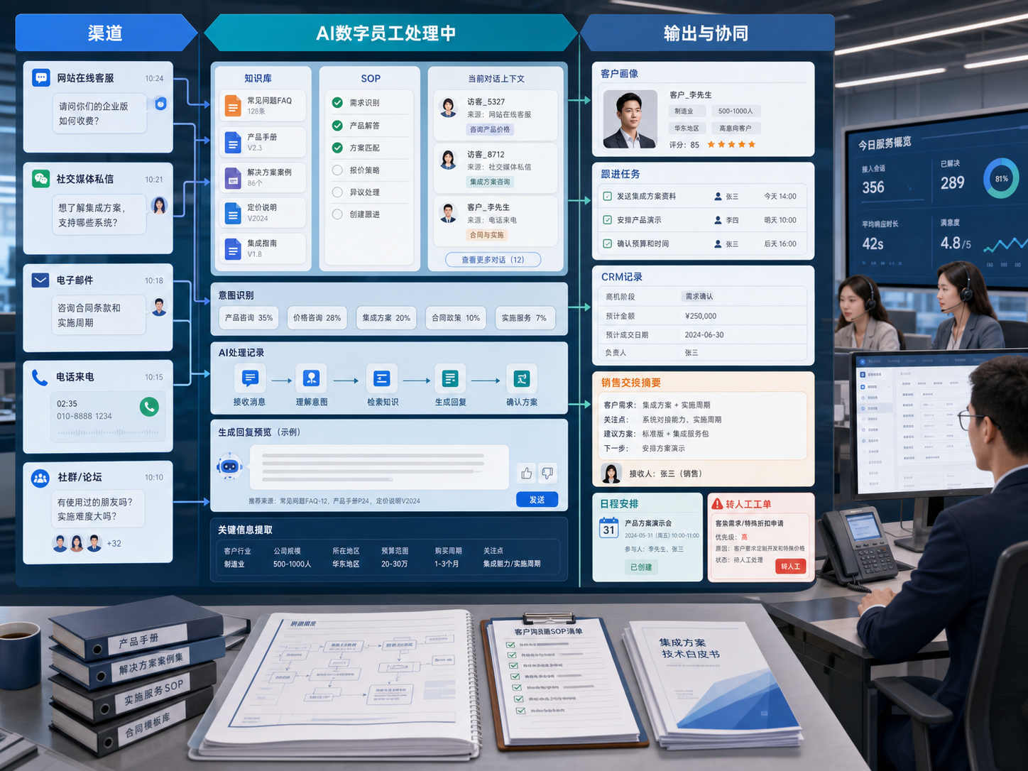AI 数字员工把渠道消息、知识库、SOP、意图识别、CRM 记录和销售交接连接成工作台